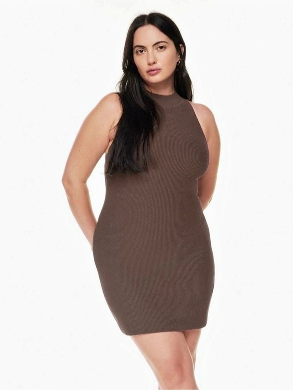 Babaton Sculpt Knit Halter Dress Brown Ribbed Mini